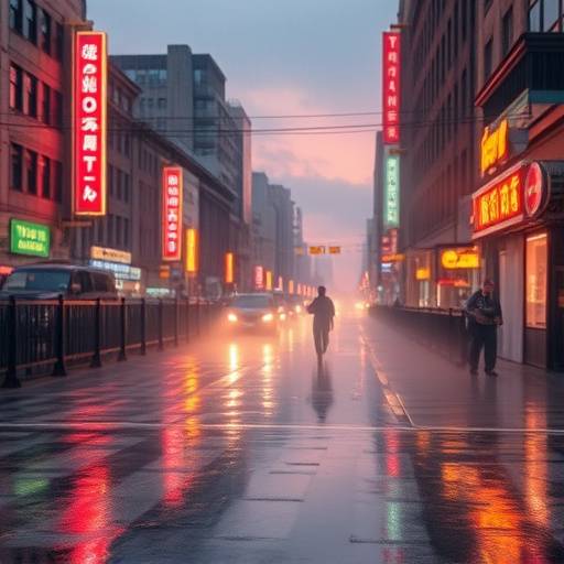 A breathtakingly detailed in-game environment showing a rain-slicked, atmospheric urban street at dusk, with neon lights reflecting on the wet pavement and steam rising from manholes, creating a palpable sense of mood and mystery.