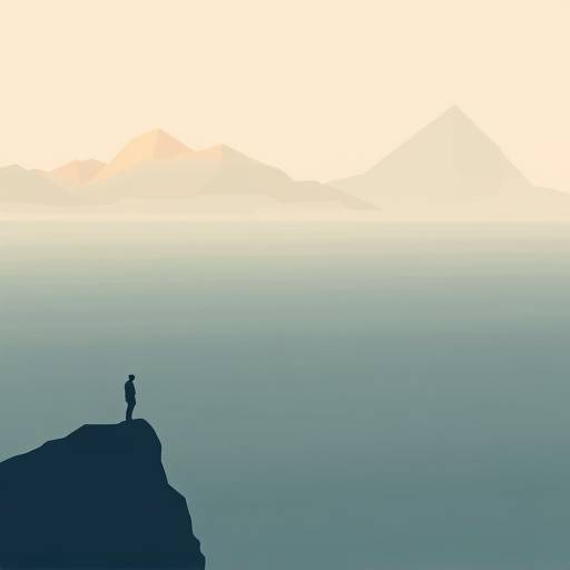 A serene, minimalist game environment featuring a lone figure standing on a cliff overlooking a vast, stylized ocean with geometric cloud formations. The color palette is muted, emphasizing open space and tranquility.