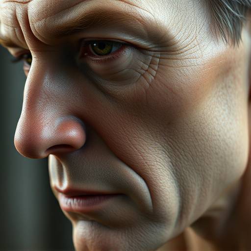 Close-up of a highly detailed 3D character model's face, showcasing realistic skin pores, subtle wrinkles around the eyes, and a contemplative expression, highlighting the fidelity of emotional realism.