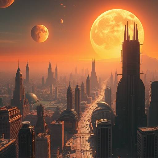 Concept art for a futuristic game showing a player character looking out over a vast, intricately detailed alien cityscape bathed in the glow of alien suns, emphasizing the immersive scale and visual wonder of future game worlds.