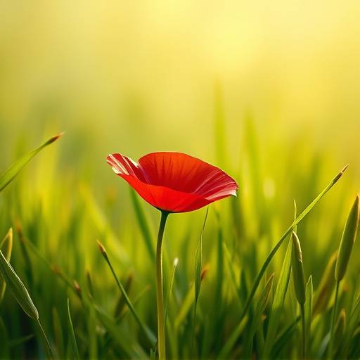 Screenshot from Flower, showing a single red petal floating on a breeze through a field of green grass. The visuals are soft and painterly, with a focus on natural elements and a sense of tranquility.