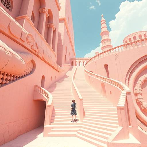 Screenshot from Monument Valley, showcasing an impossible structure with Escher-like stairs and pathways. The color palette is pastel and clean, with a single character navigating the surreal architecture.