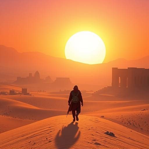 Screenshot from the game Journey, showing a robed figure traversing a vast, sun-drenched desert with subtle geometric ruins in the distance. The sky is a vibrant gradient of orange and purple.