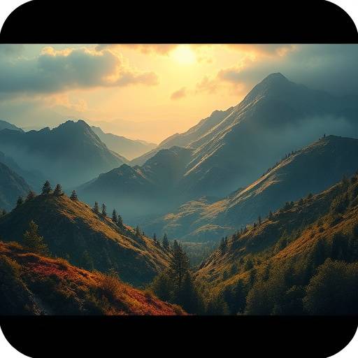 Stylized icon depicting a rich, detailed landscape with subtle atmospheric effects, representing environmental storytelling.