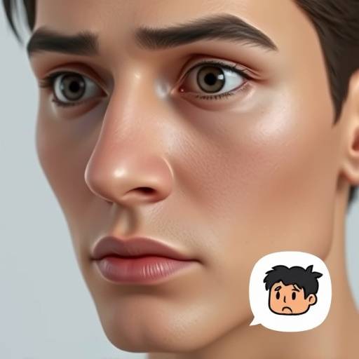 Stylized icon of a detailed human face showing subtle emotional expression, representing nuanced character modeling.